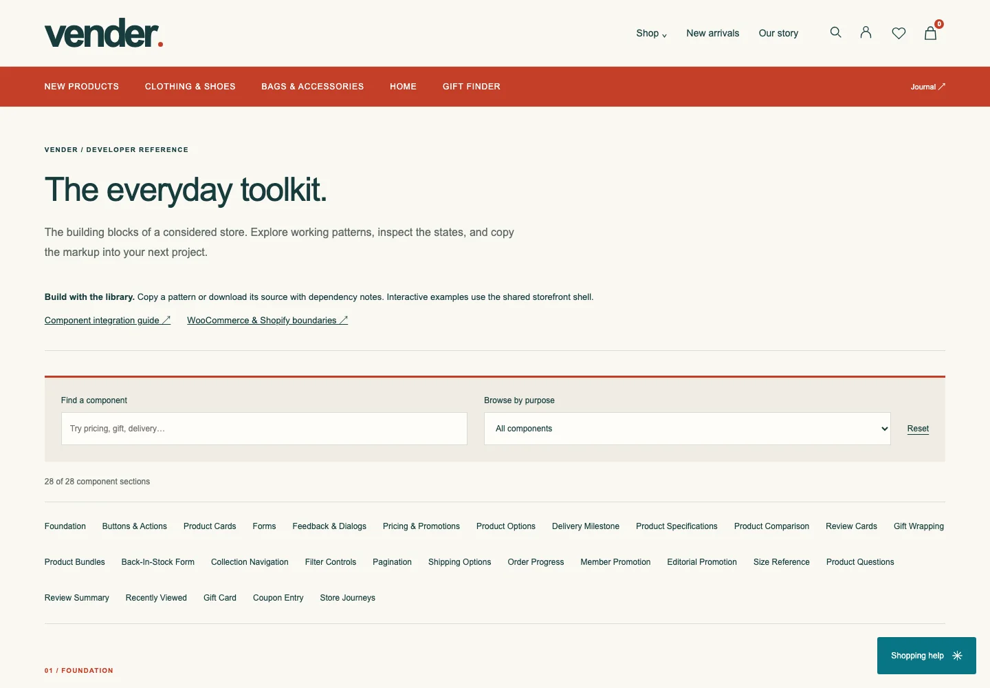 Vender component catalog with navigation and reusable examples