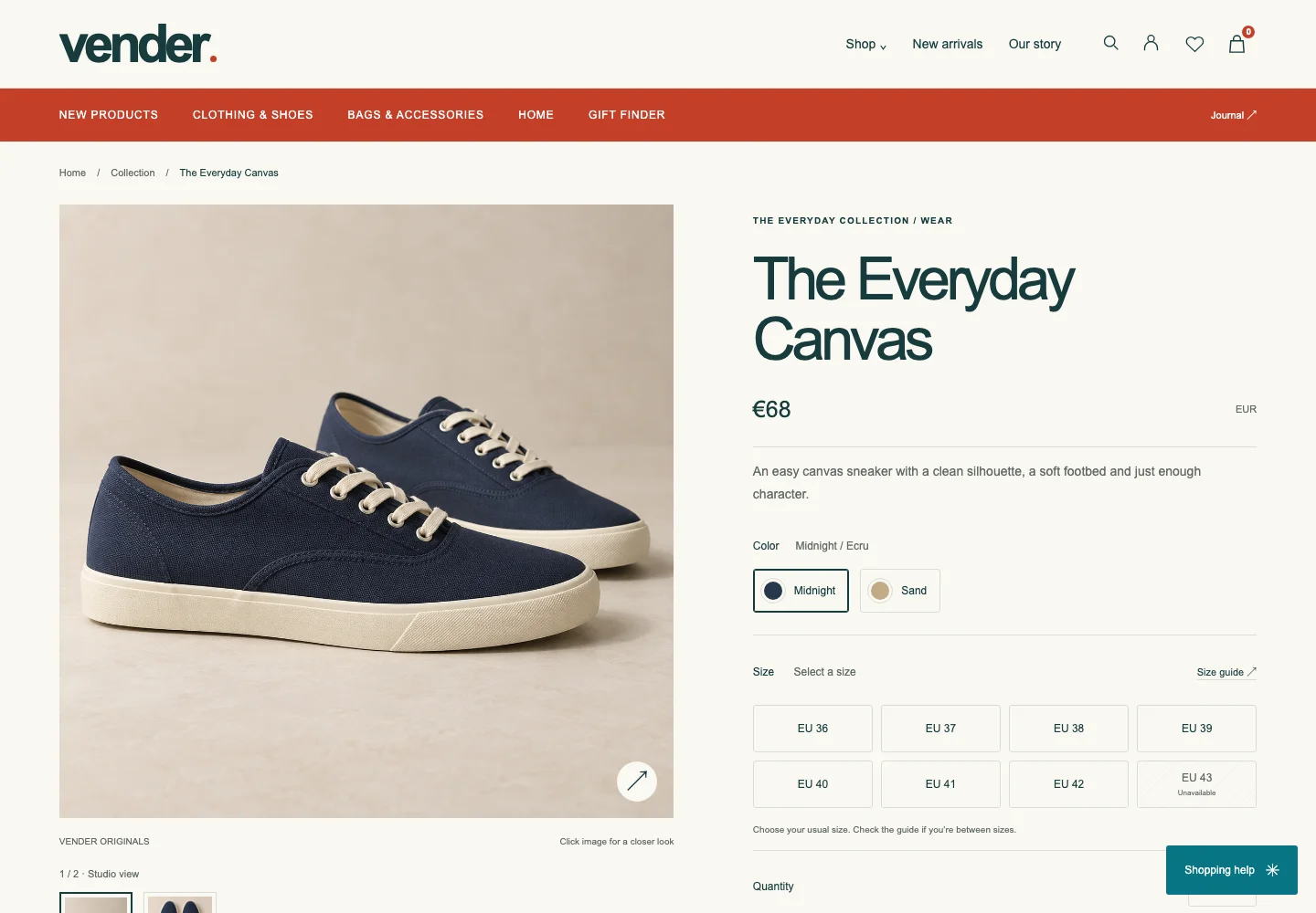 Vender canvas sneaker product page with gallery, options and price